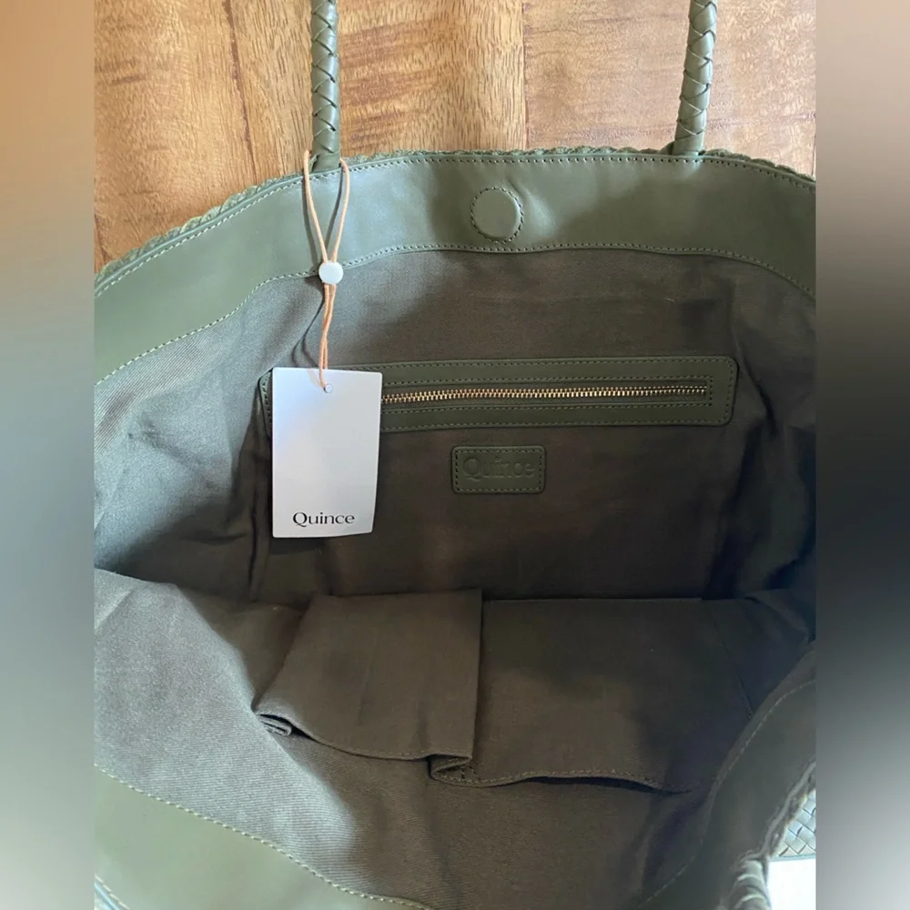 Quince Elegant Olive Green Leather Woven Tote Bag - Picture 5 of 8